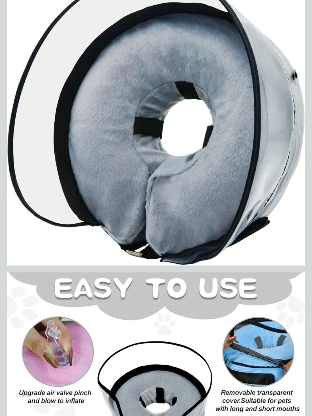 Soft Grey Inflatable Dog Recovery Collar - Plush Protective Elizabethan Cone